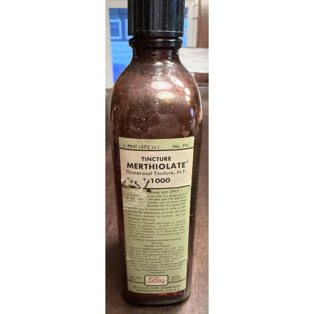 Vintage Eli Lilly Tincture Merthiolate 1 pint Brown Glass Bottle Paper Label